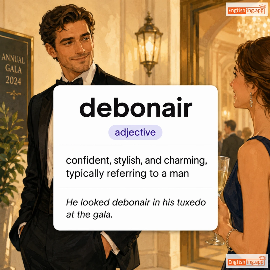 debonair definition card — visual illustration of the meaning