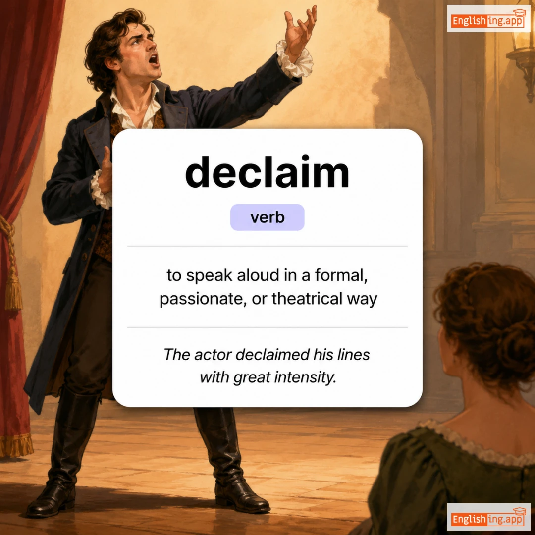 declaim definition card — visual illustration of the meaning