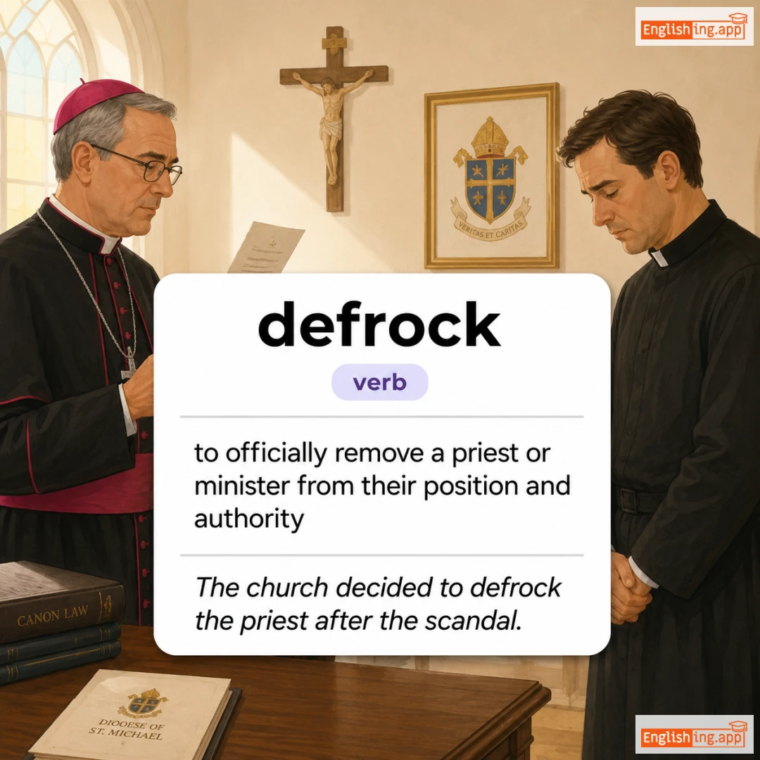 defrock definition card — visual illustration of the meaning
