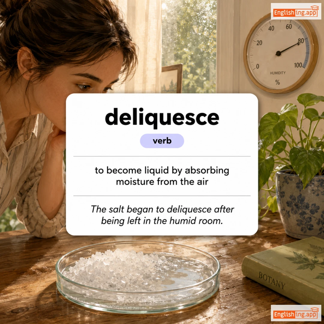 deliquesce definition card — visual illustration of the meaning