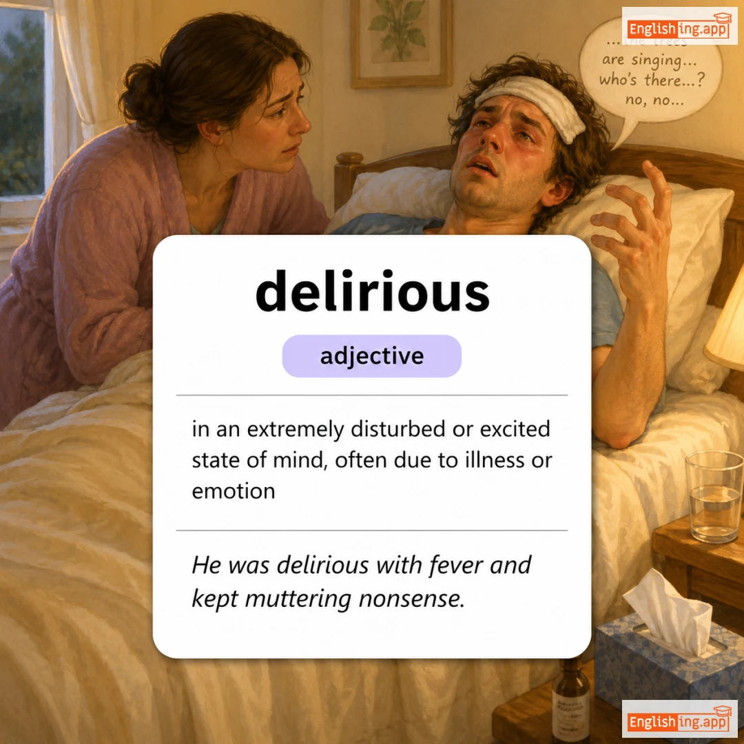delirious definition card — visual illustration of the meaning