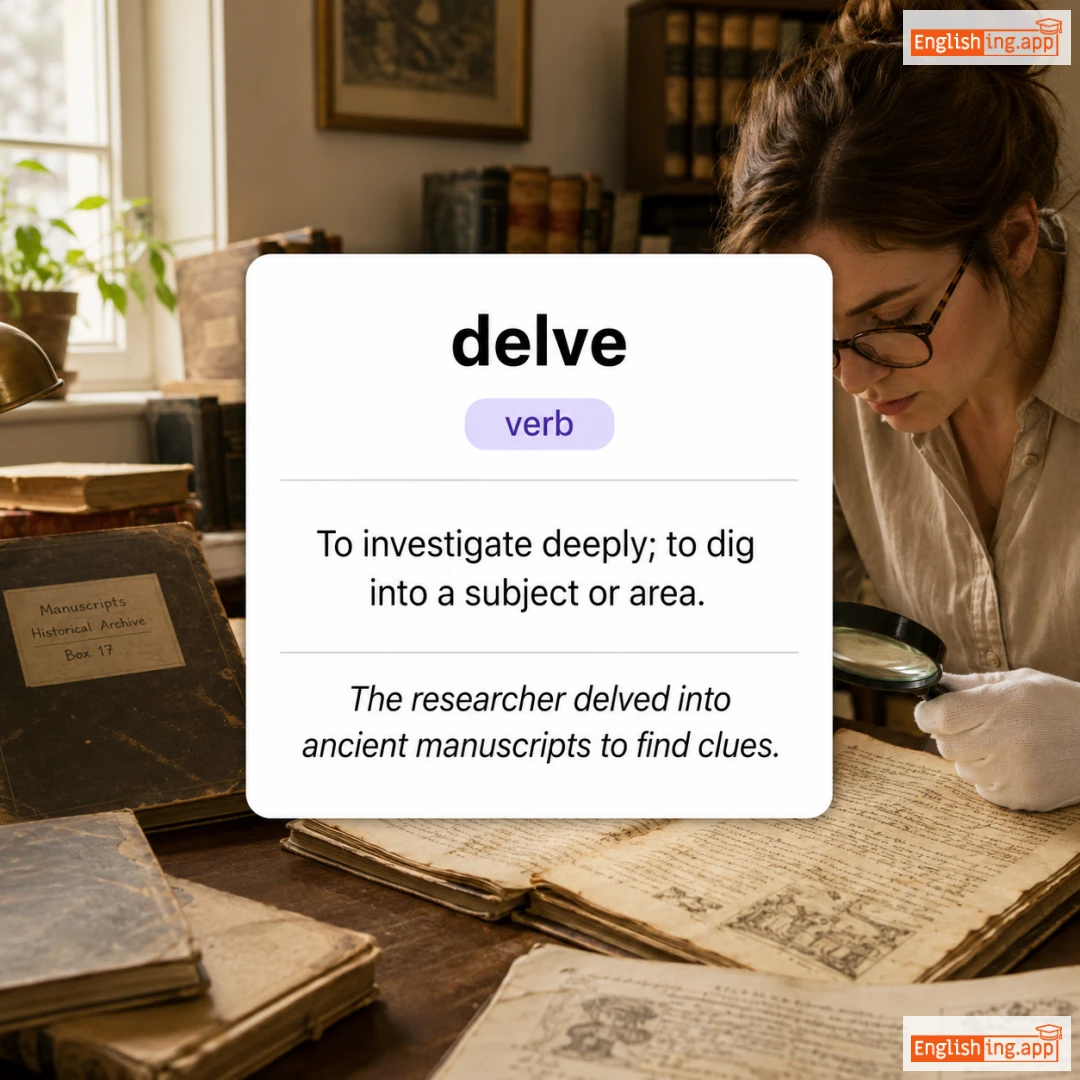 delve definition card — visual illustration of the meaning