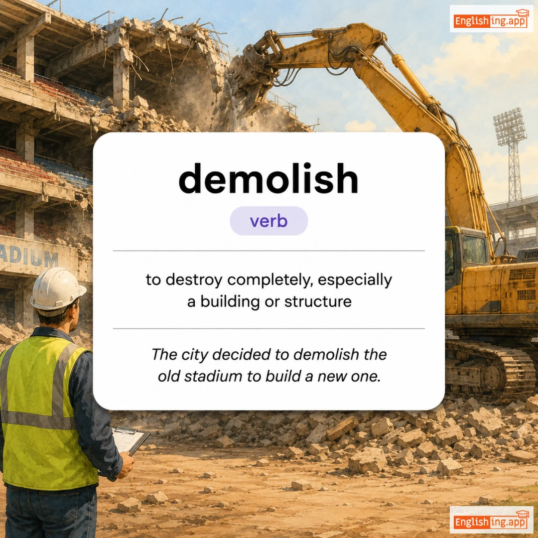 demolish definition card — visual illustration of the meaning