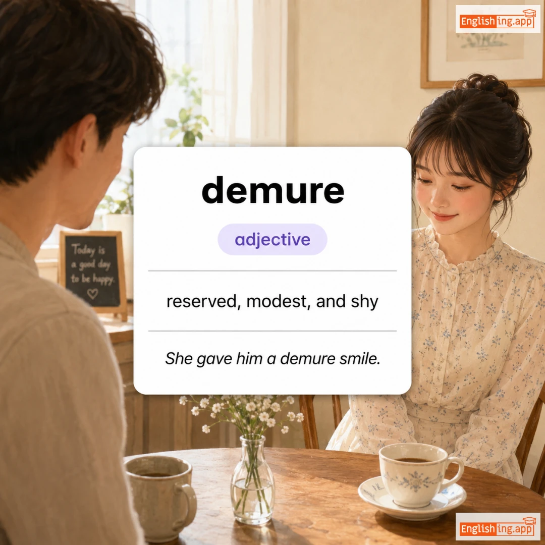 demure definition card — visual illustration of the meaning