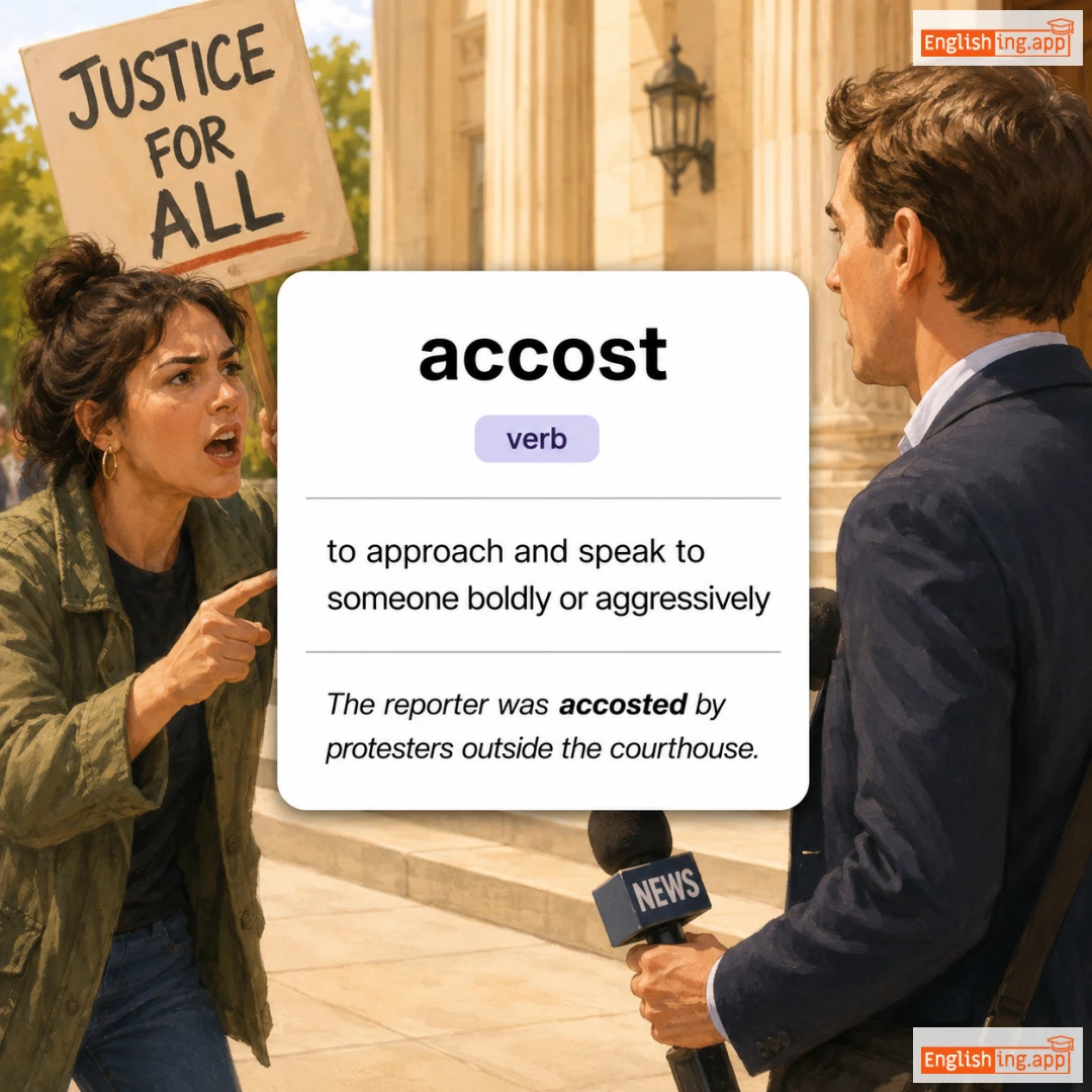 accost definition card — visual illustration of the meaning
