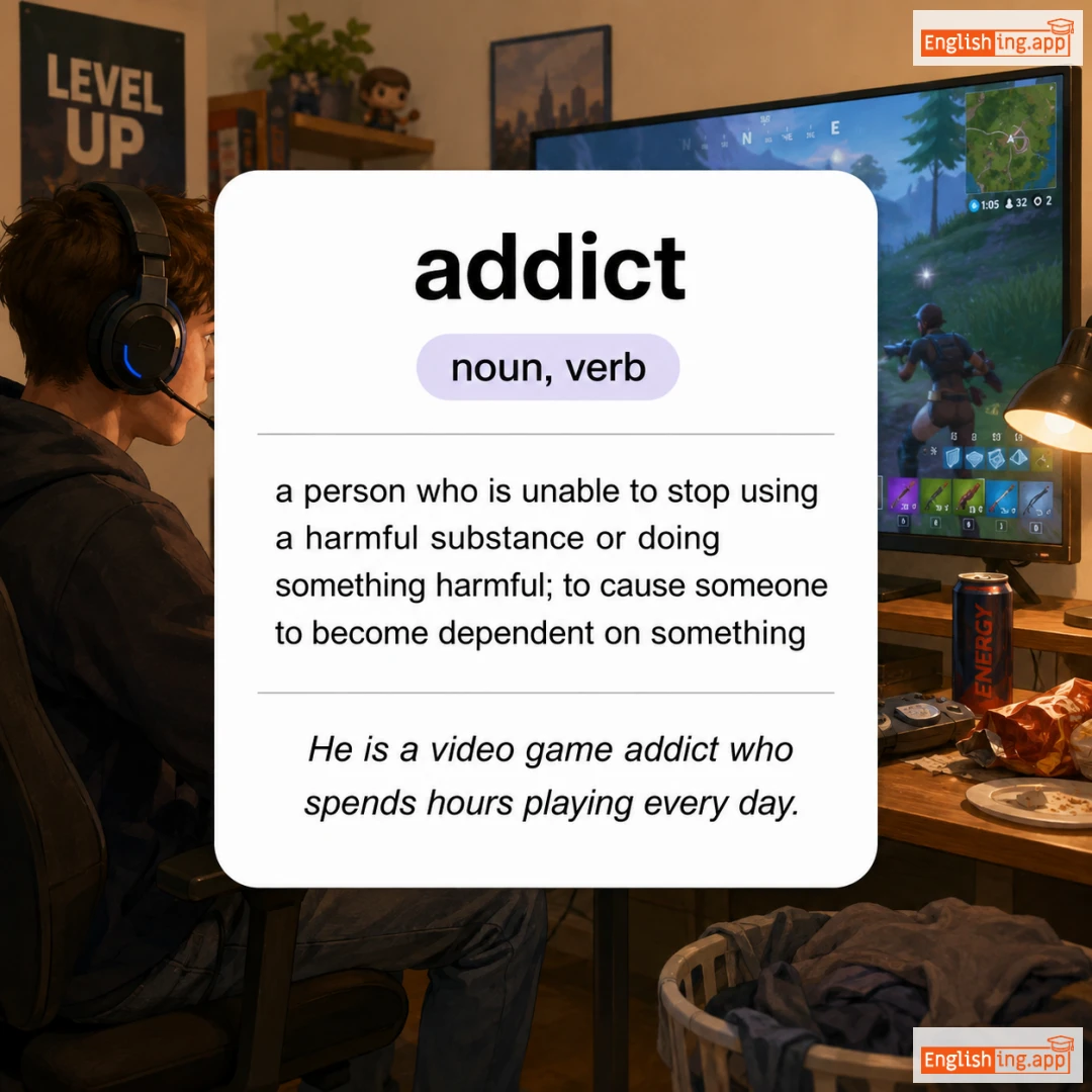 addict definition card — visual illustration of the meaning