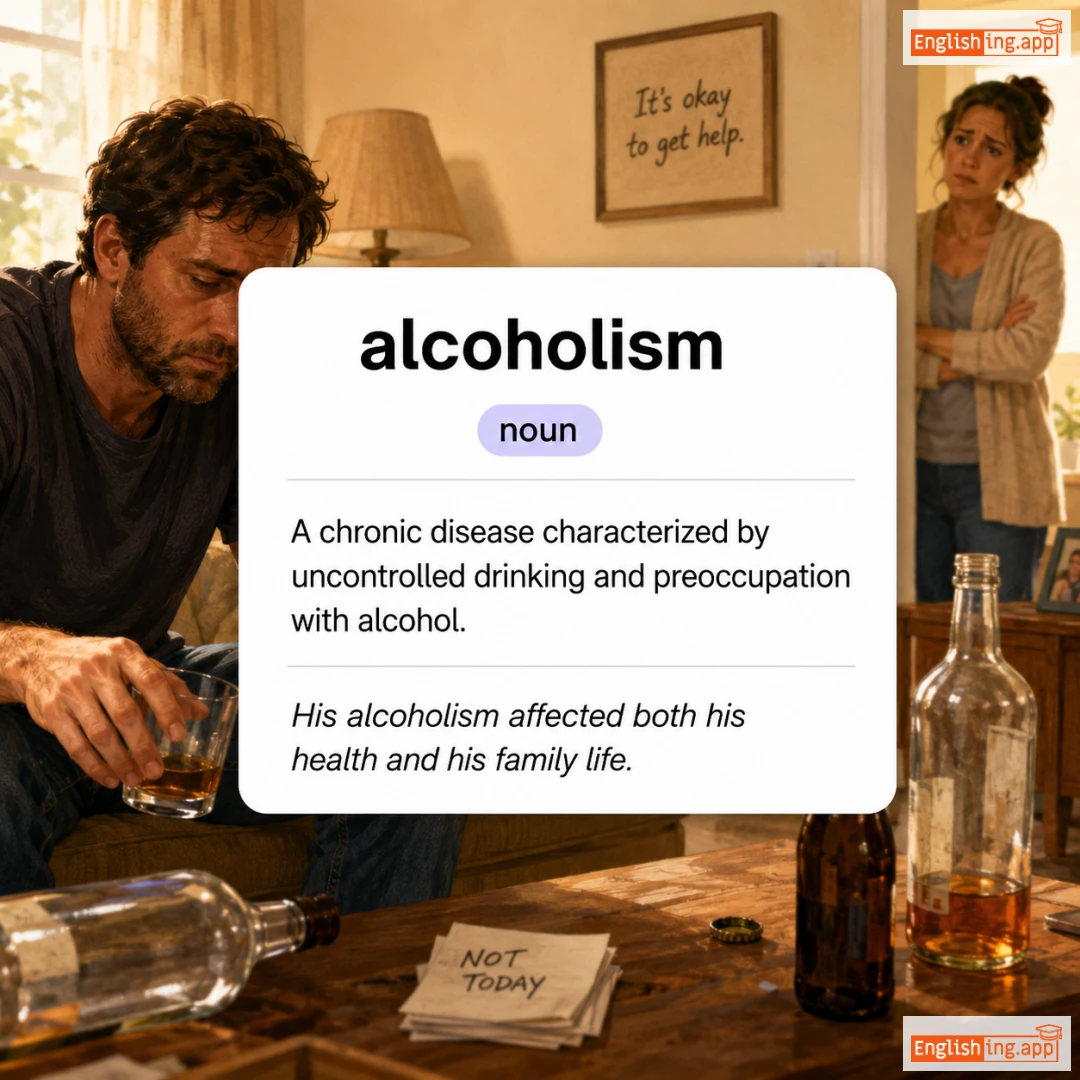 alcoholism definition card — visual illustration of the meaning