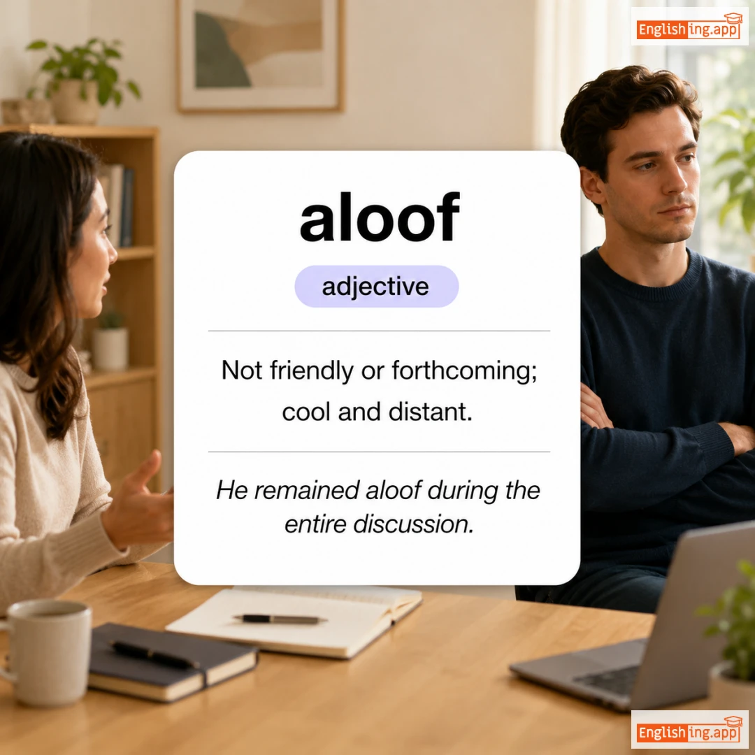 aloof definition card — visual illustration of the meaning