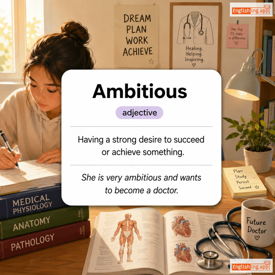 Ambitious definition card — visual illustration of the meaning