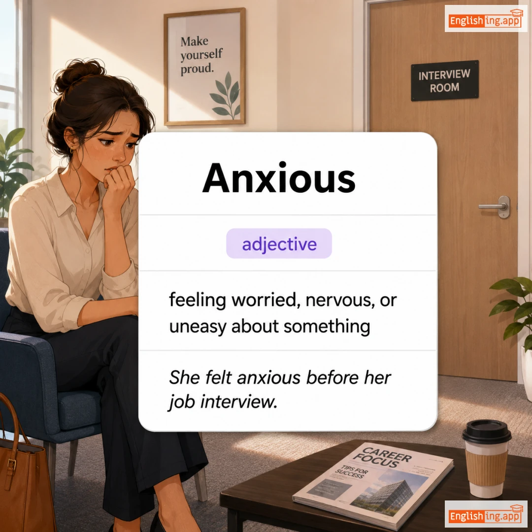 Anxious definition card — visual illustration of the meaning