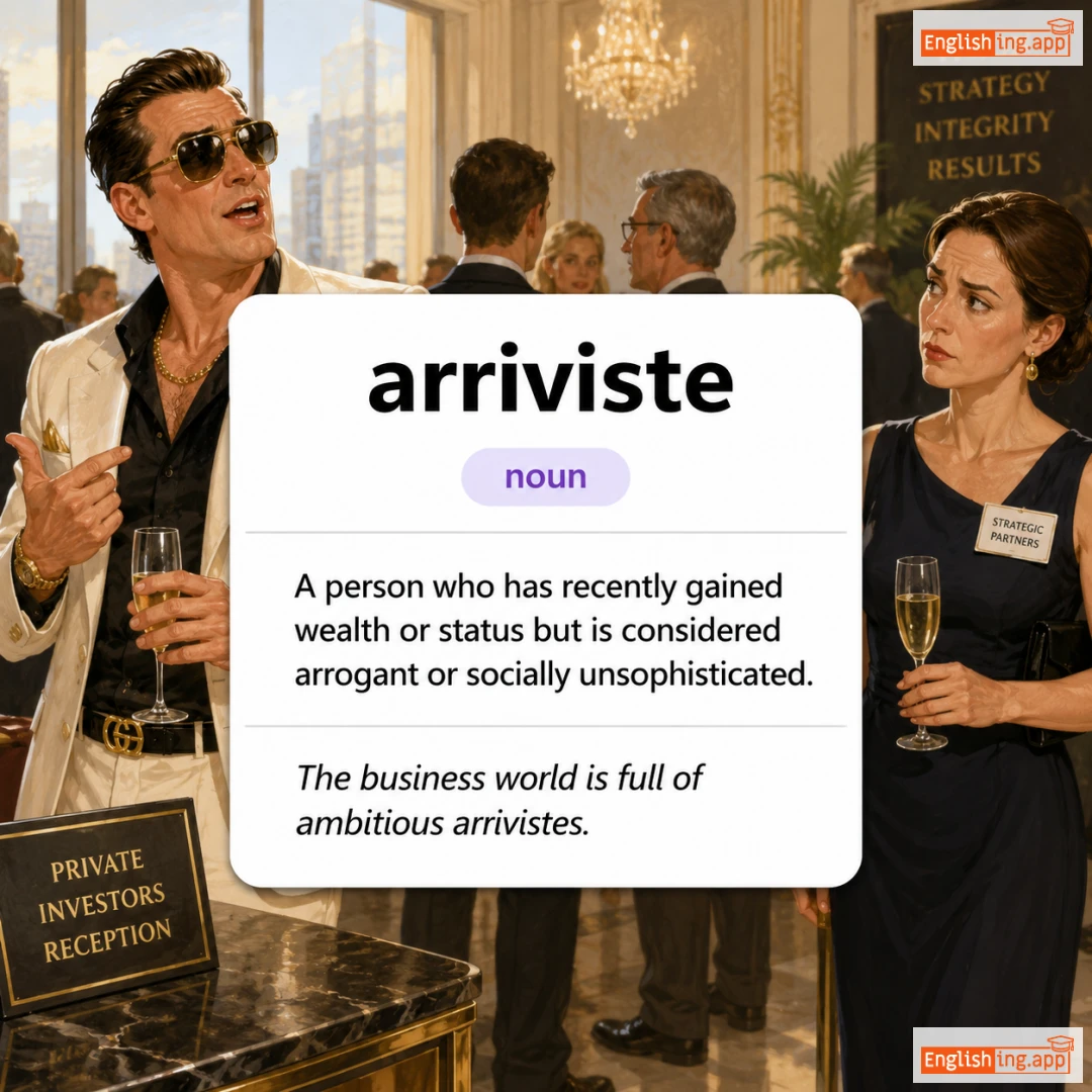 arriviste definition card — visual illustration of the meaning