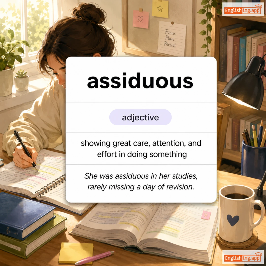 assiduous definition card — visual illustration of the meaning