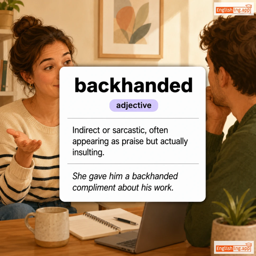 backhanded definition card — visual illustration of the meaning