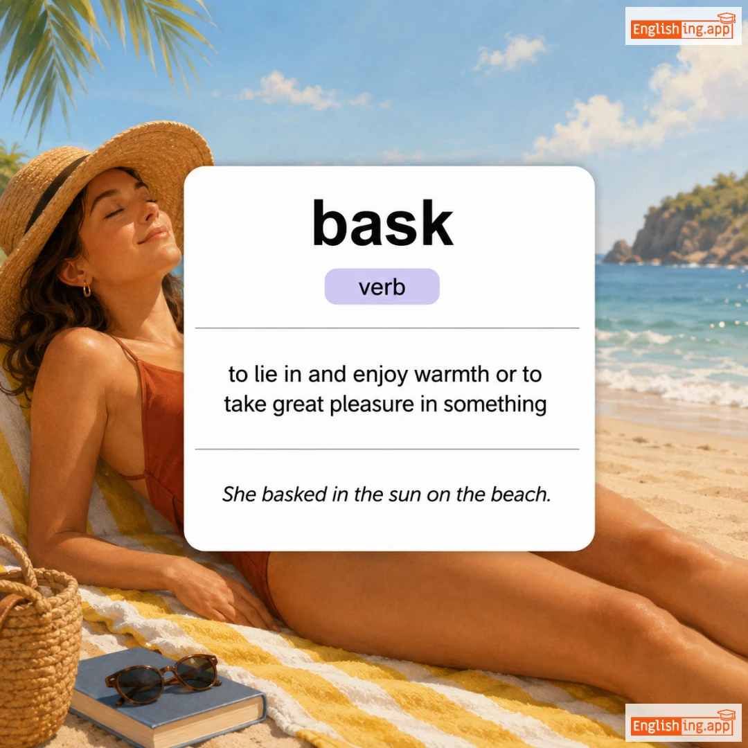 bask definition card — visual illustration of the meaning