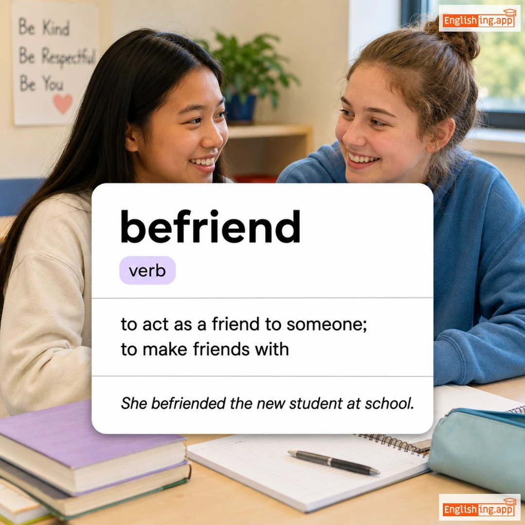 befriend definition card — visual illustration of the meaning