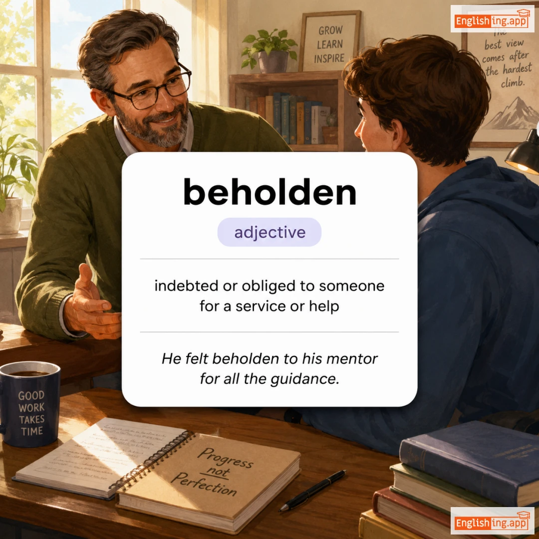 beholden definition card — visual illustration of the meaning