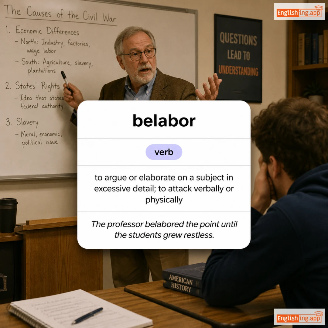 belabor definition card — visual illustration of the meaning