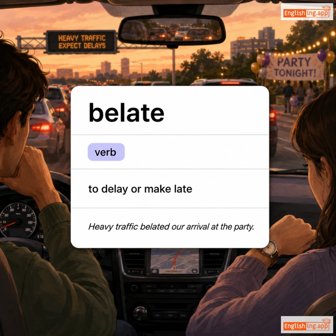 belate definition card — visual illustration of the meaning