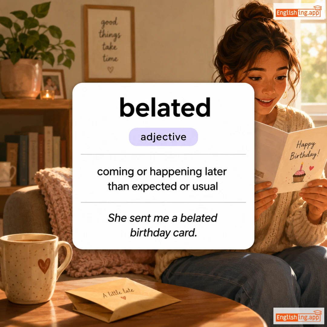 belated definition card — visual illustration of the meaning
