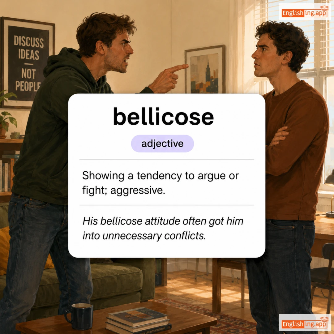 bellicose definition card — visual illustration of the meaning