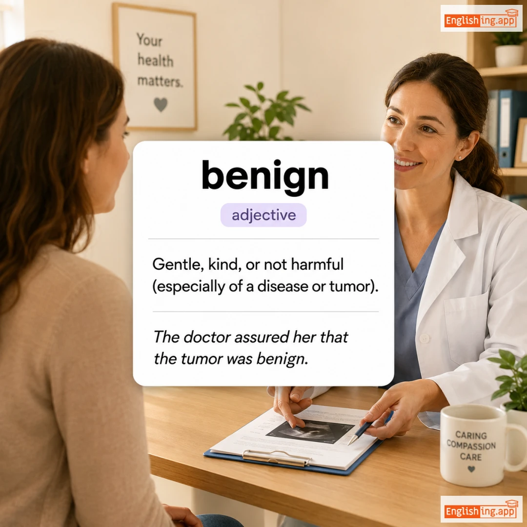 benign definition card — visual illustration of the meaning