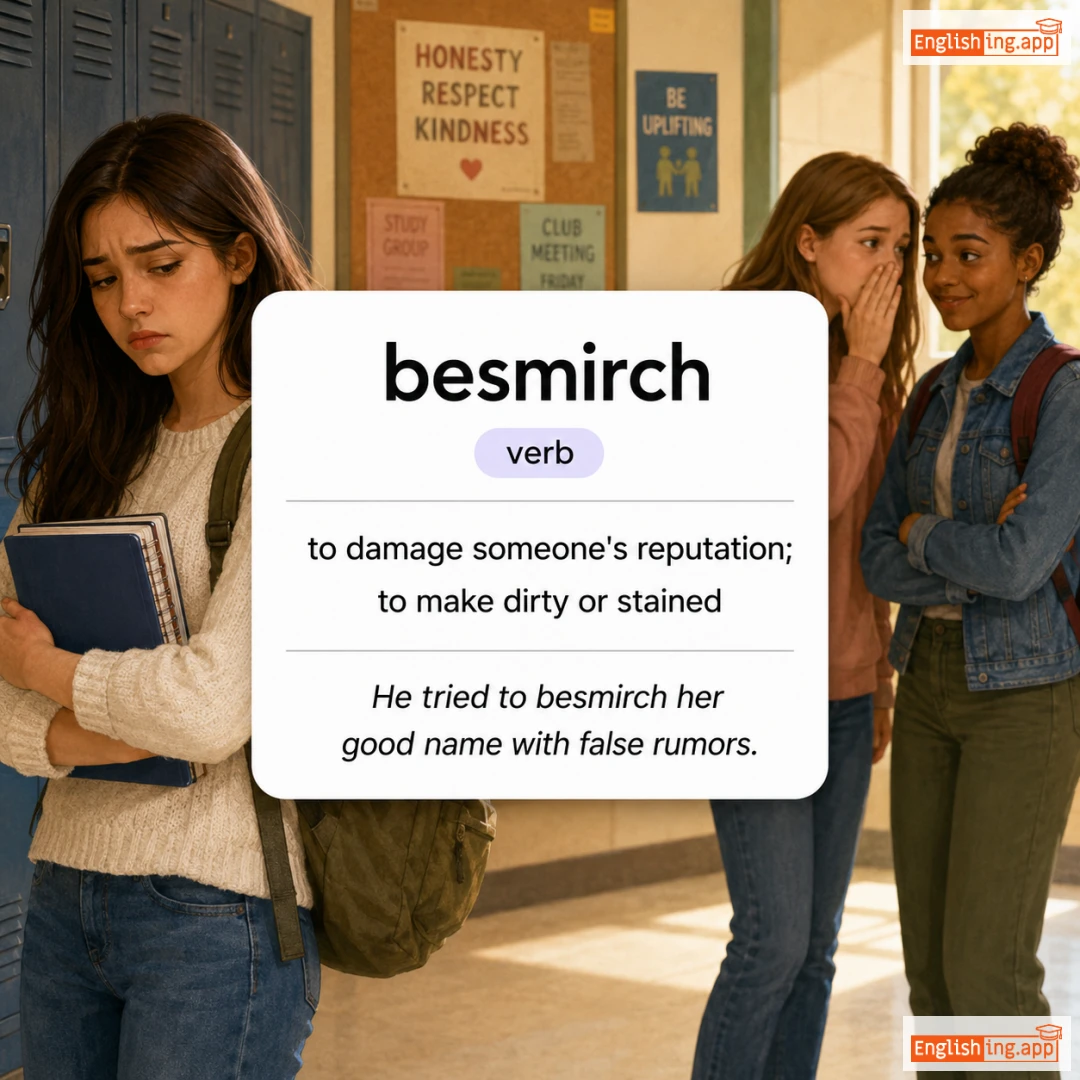 besmirch definition card — visual illustration of the meaning