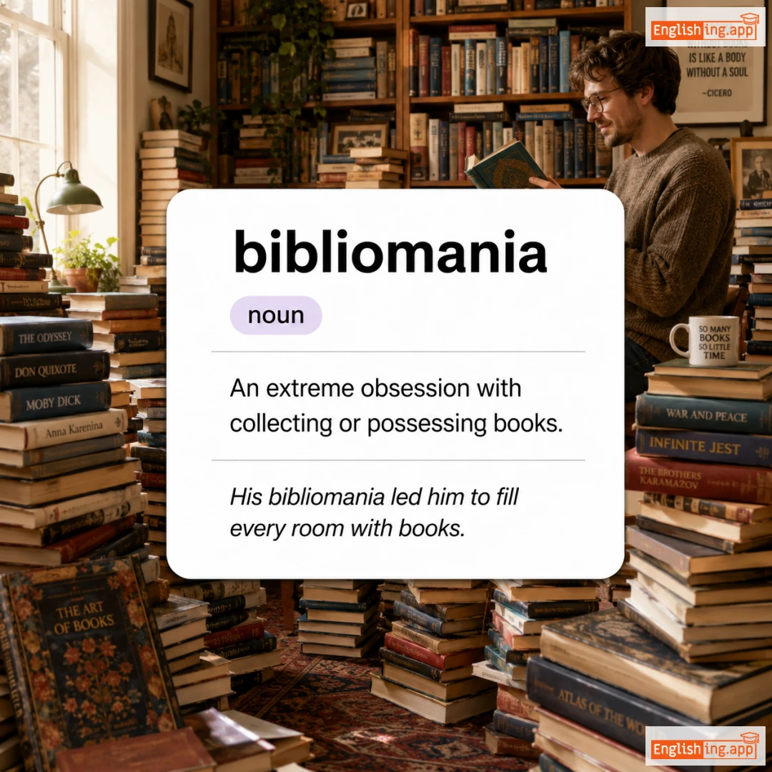 bibliomania definition card — visual illustration of the meaning