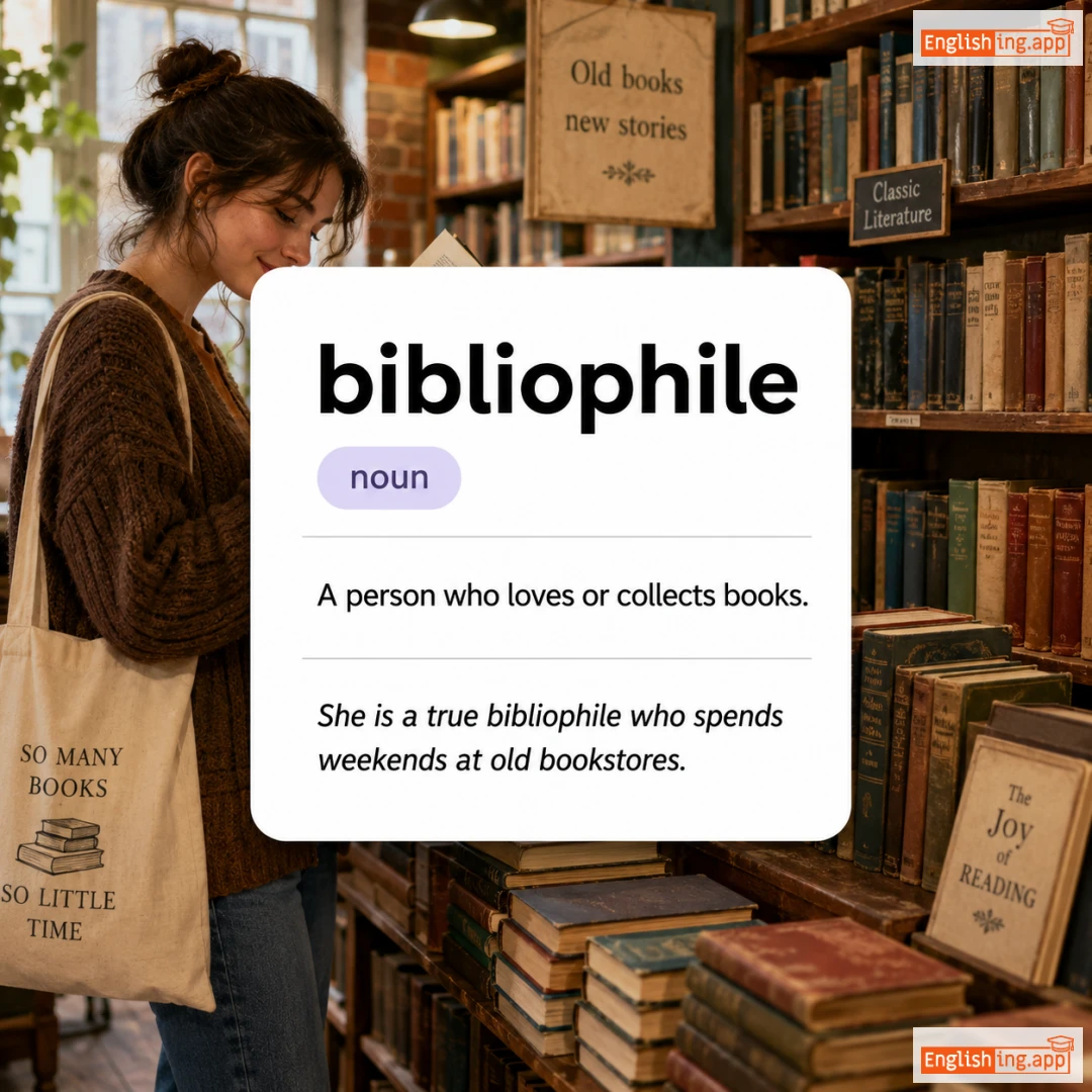bibliophile definition card — visual illustration of the meaning