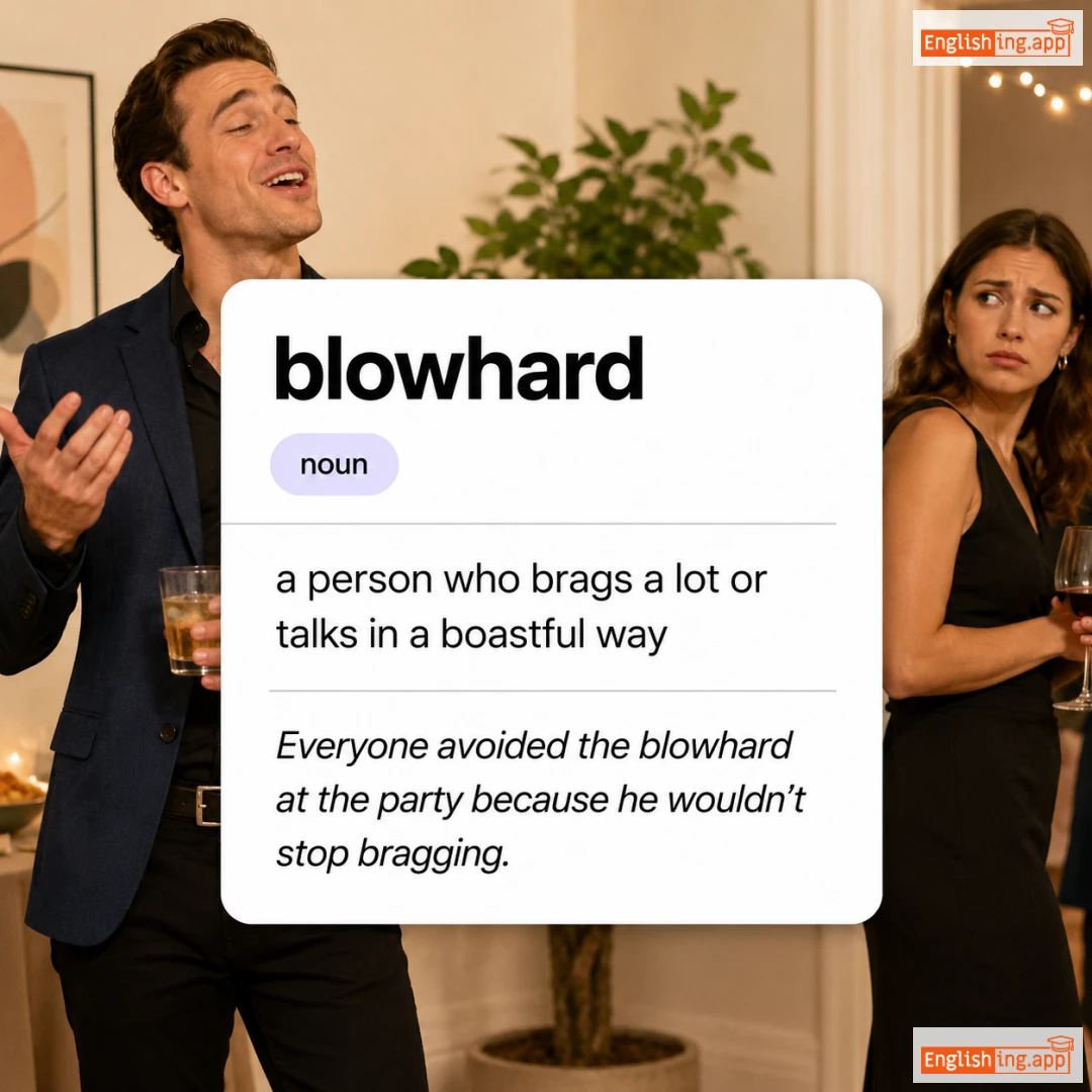 blowhard definition card — visual illustration of the meaning