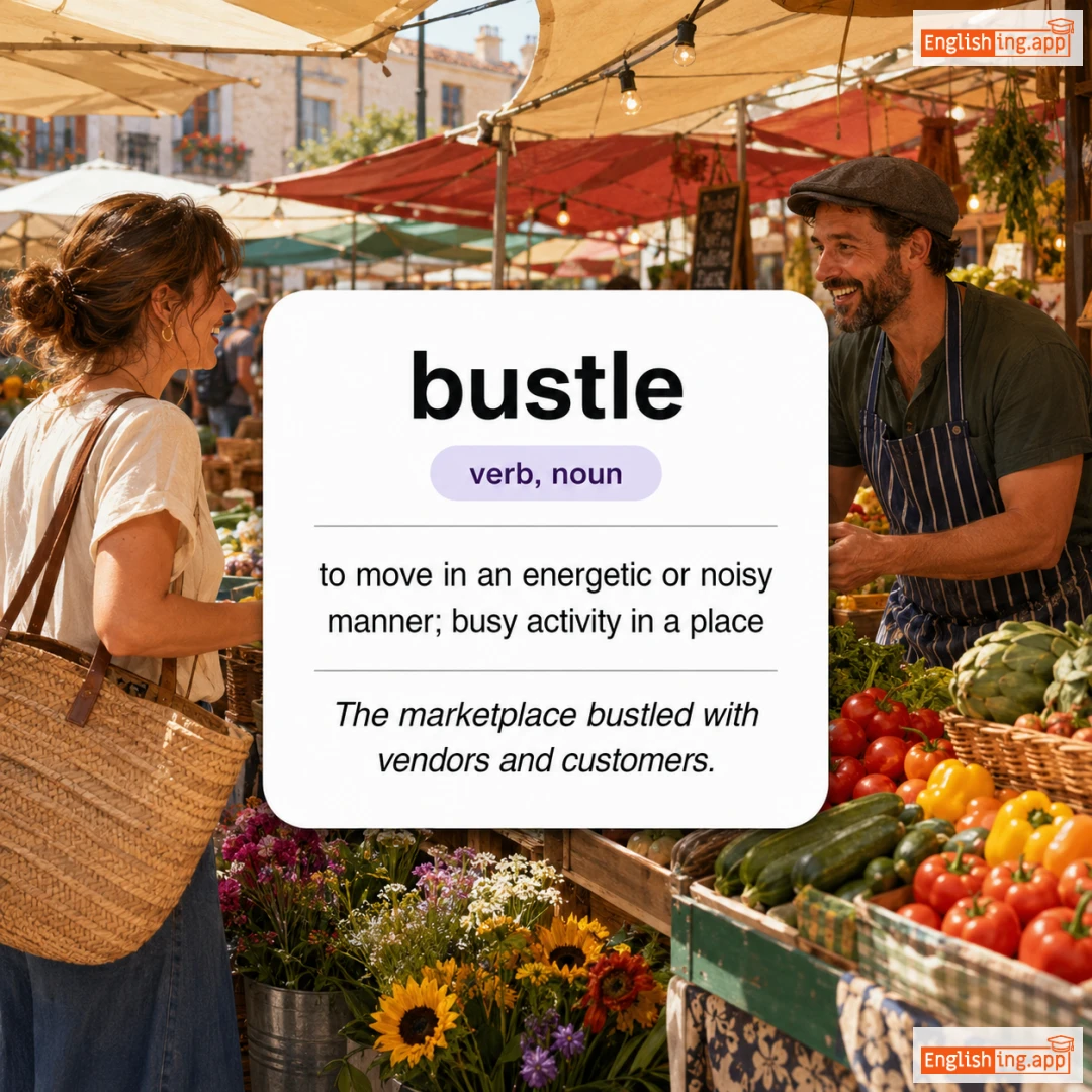 bustle definition card — visual illustration of the meaning