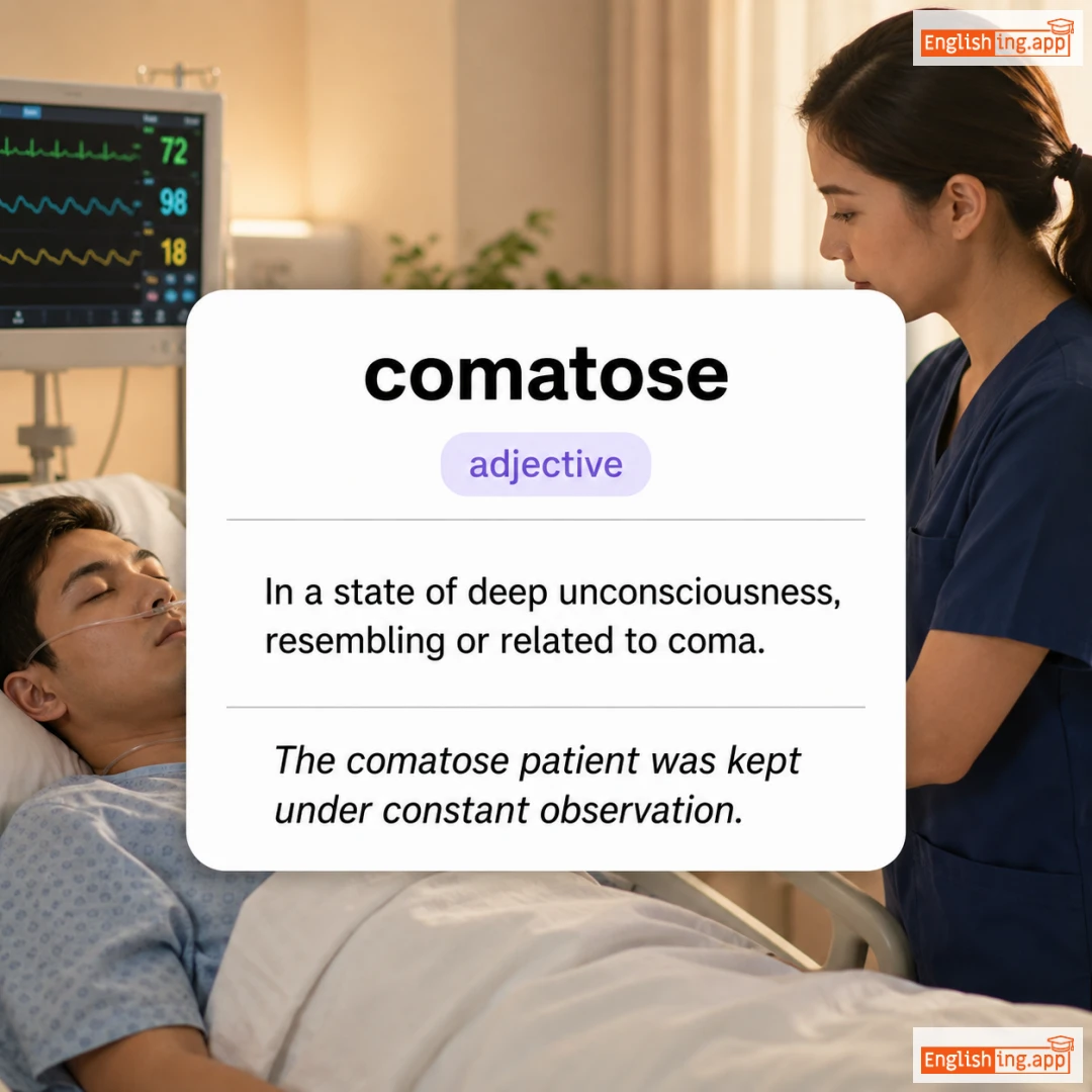 comatose definition card — visual illustration of the meaning