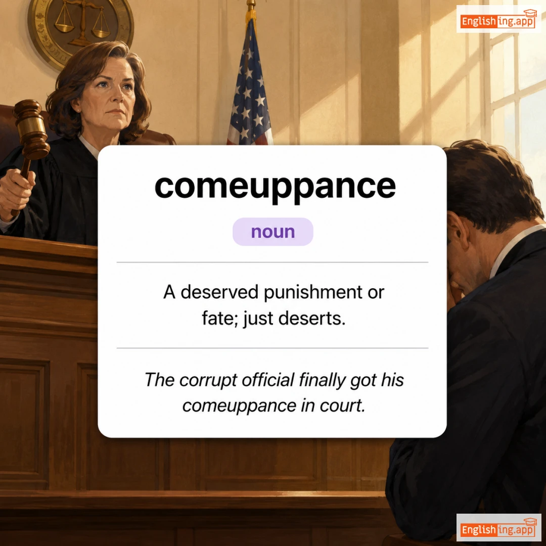 comeuppance definition card — visual illustration of the meaning