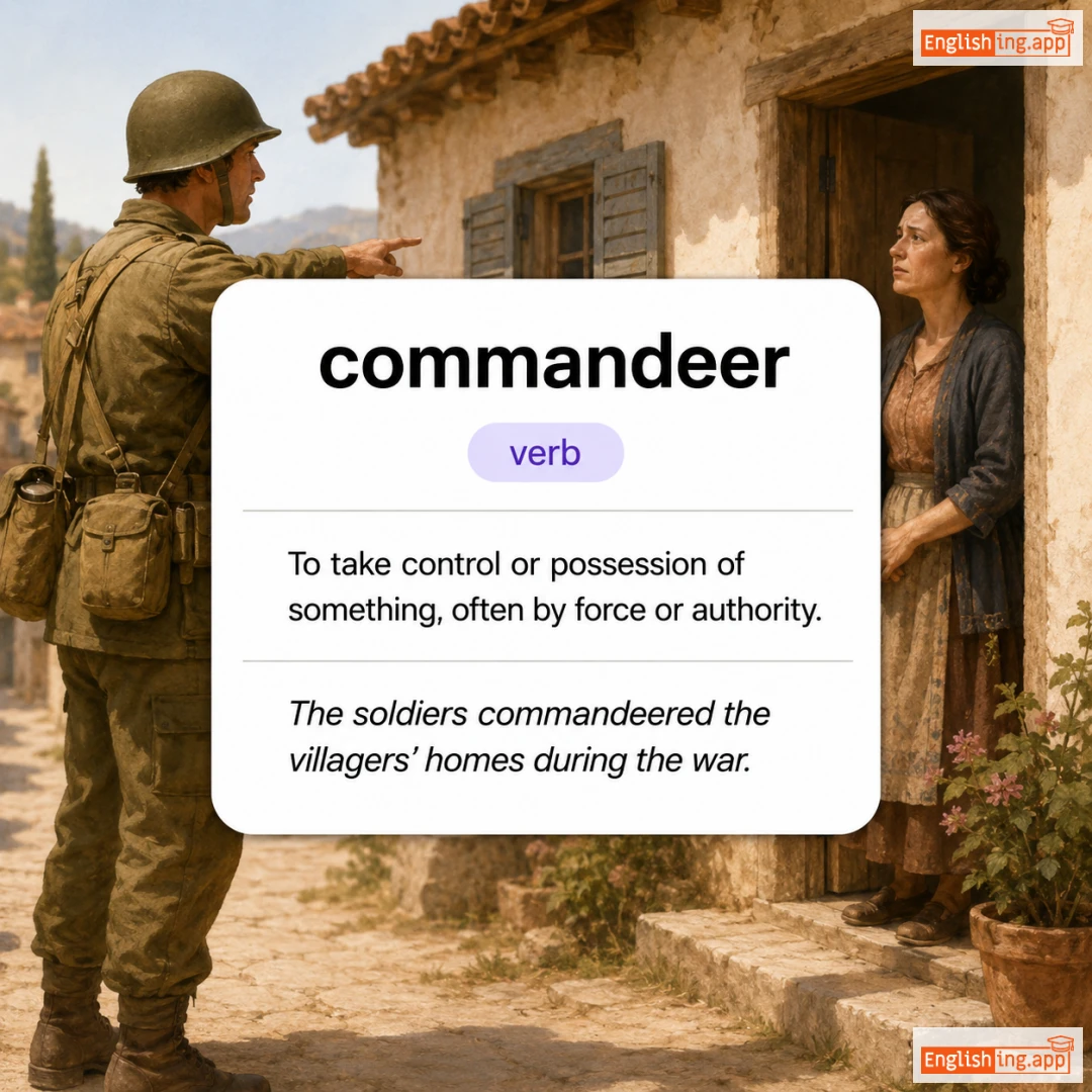commandeer definition card — visual illustration of the meaning