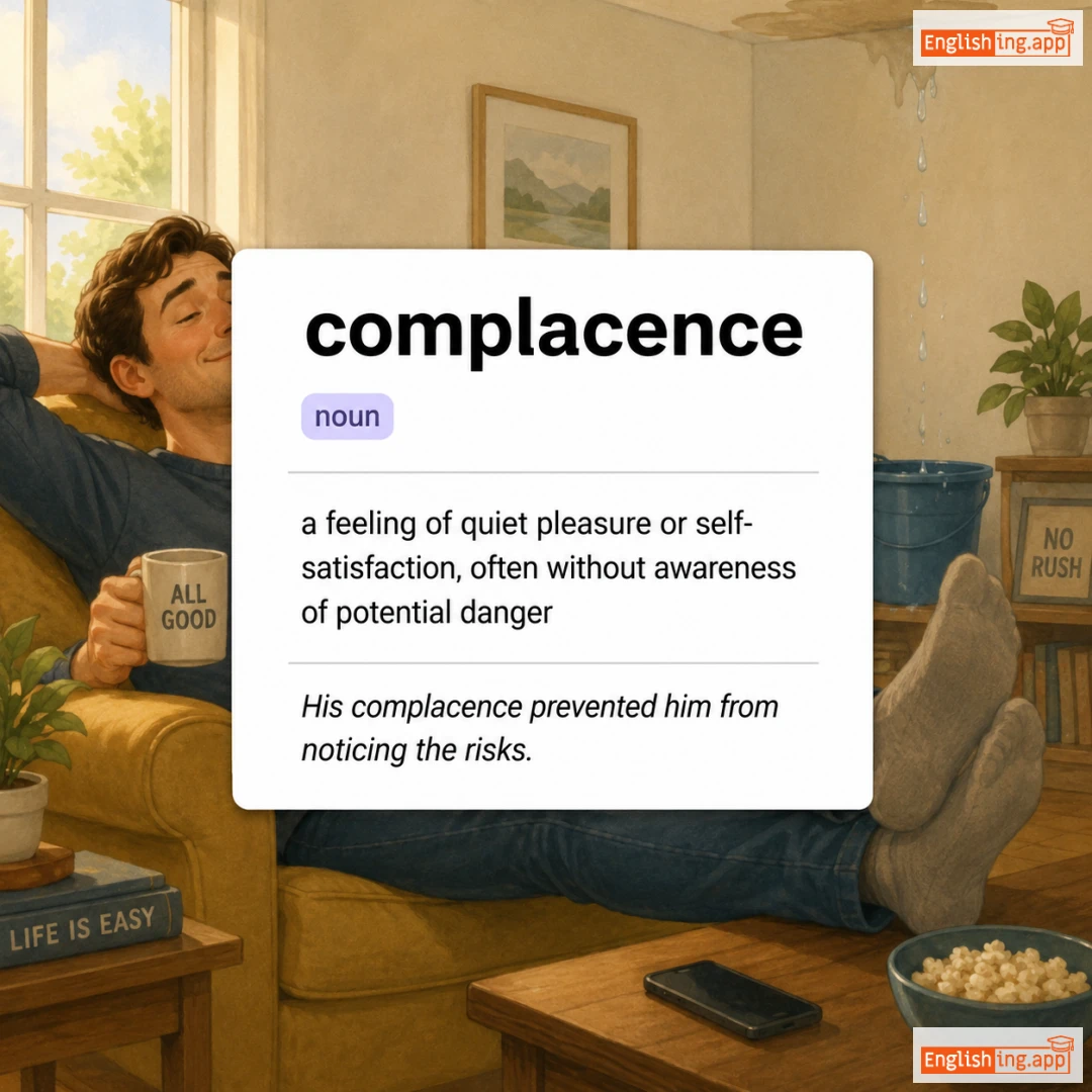 complacence definition card — visual illustration of the meaning
