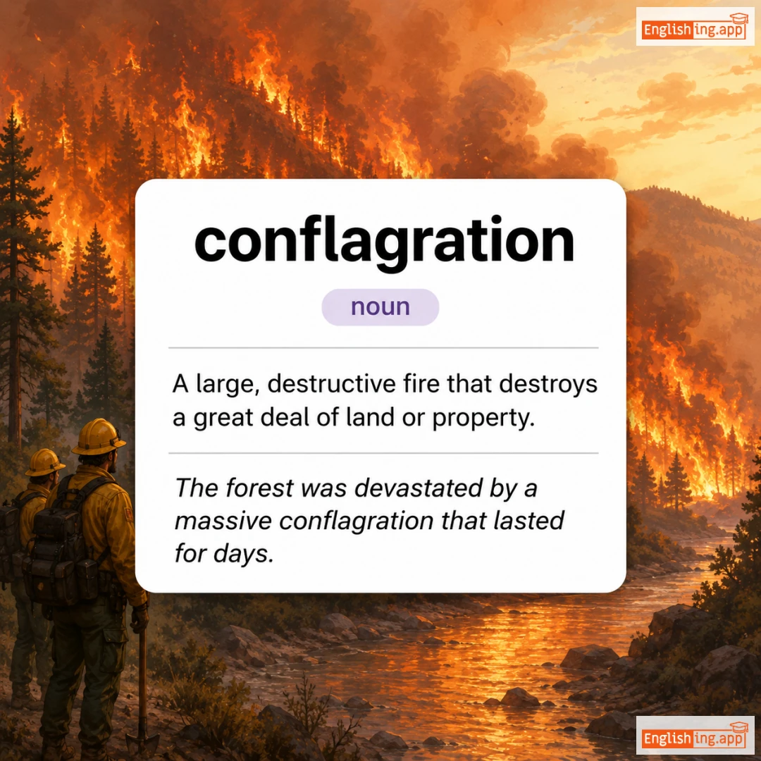 conflagration definition card — visual illustration of the meaning