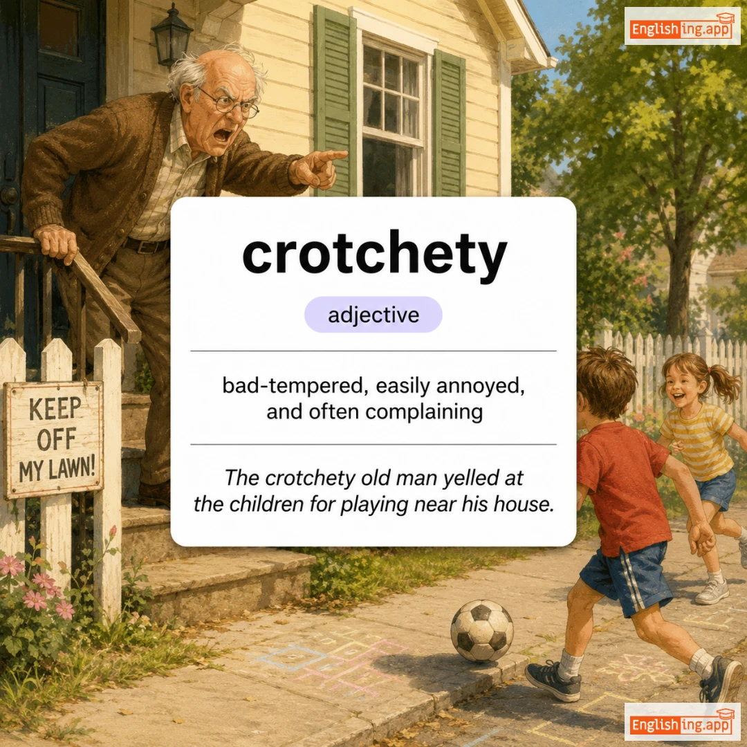 crotchety definition card — visual illustration of the meaning