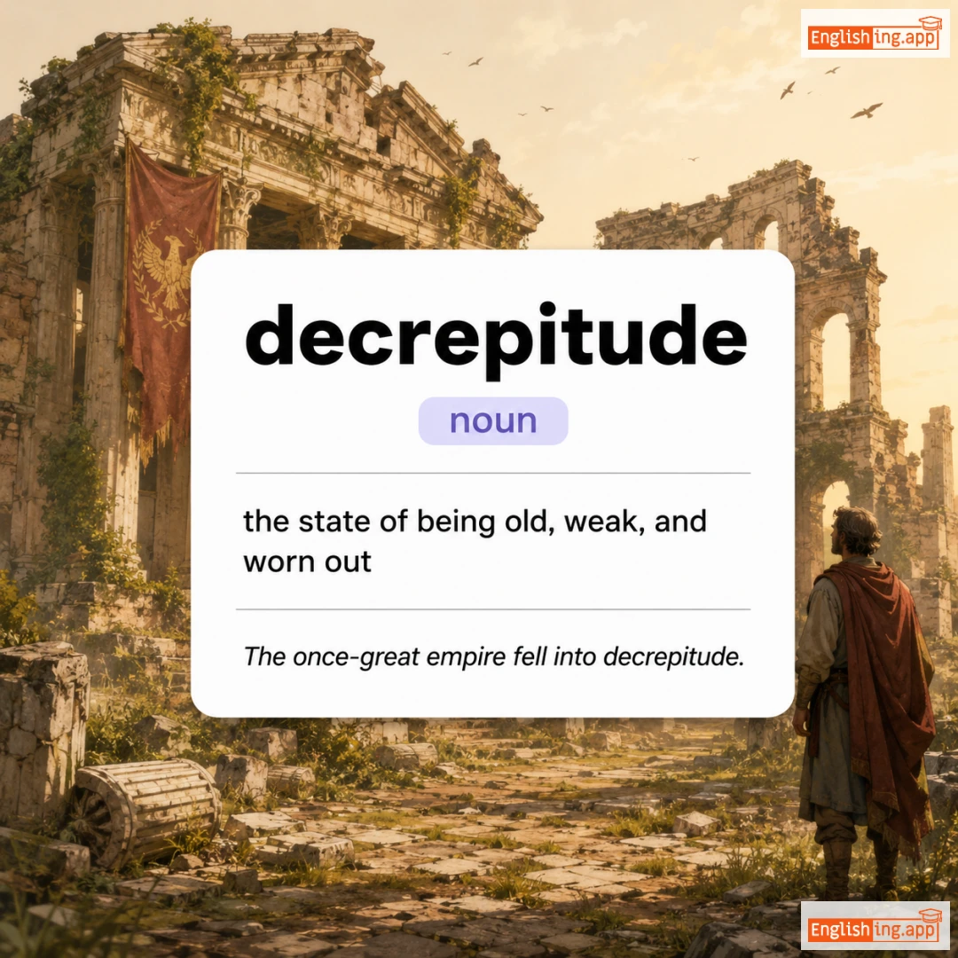 decrepitude definition card — visual illustration of the meaning