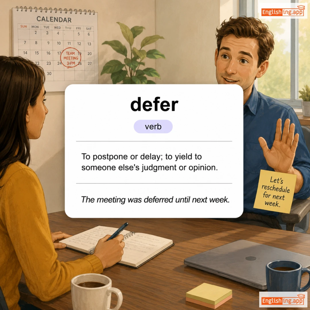 defer definition card — visual illustration of the meaning
