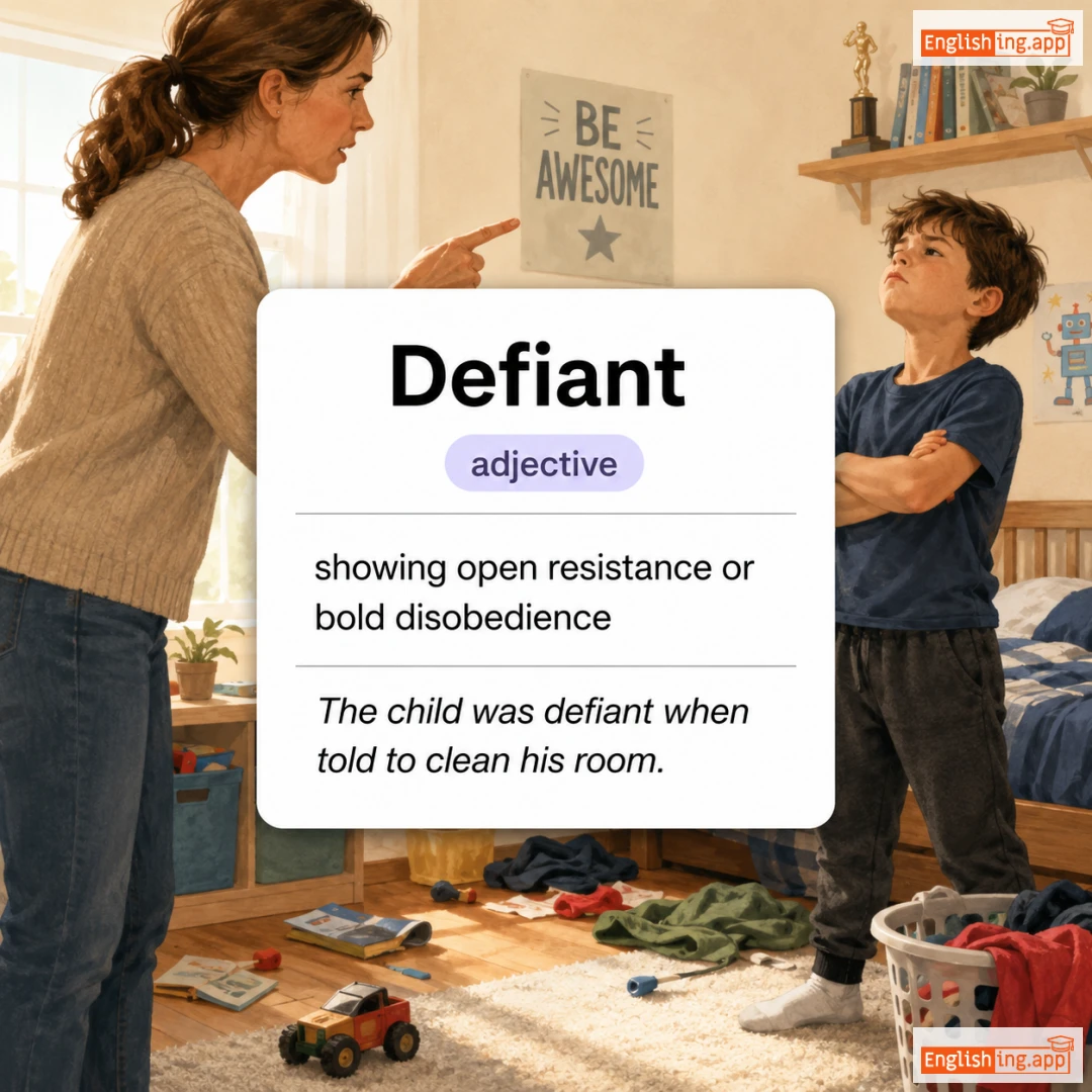 Defiant definition card — visual illustration of the meaning
