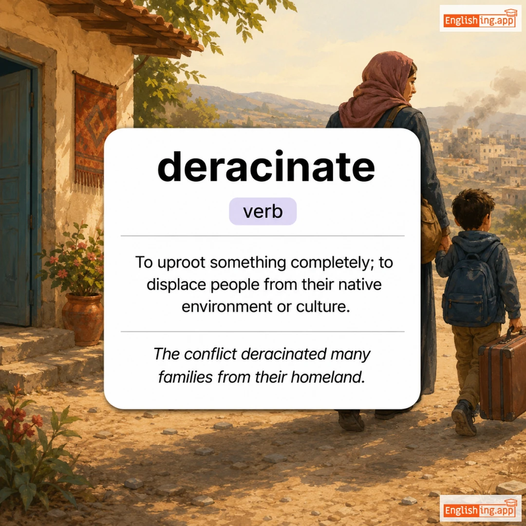 deracinate definition card — visual illustration of the meaning