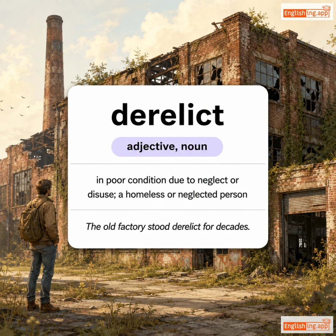 derelict definition card — visual illustration of the meaning
