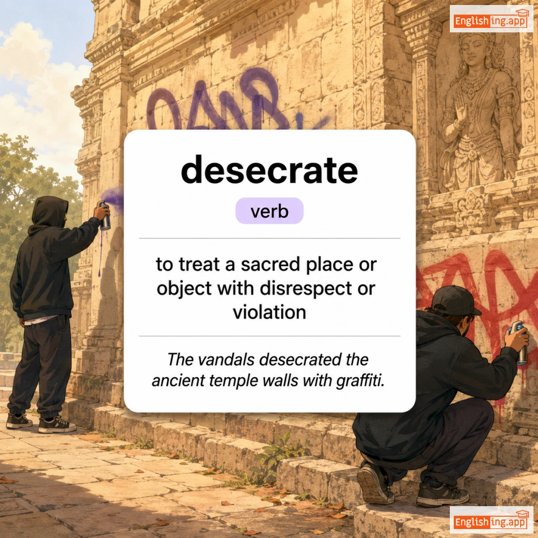 desecrate definition card — visual illustration of the meaning