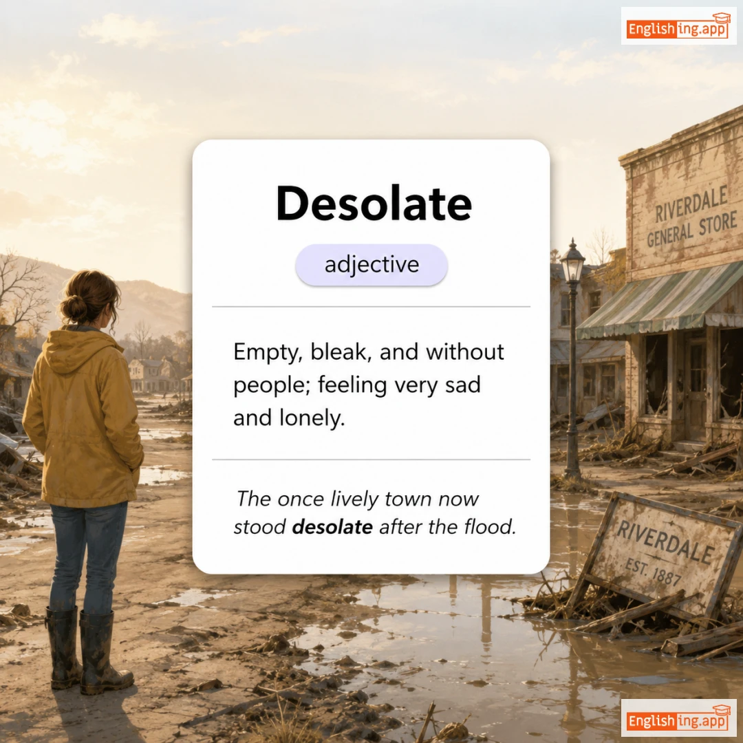 Desolate definition card — visual illustration of the meaning