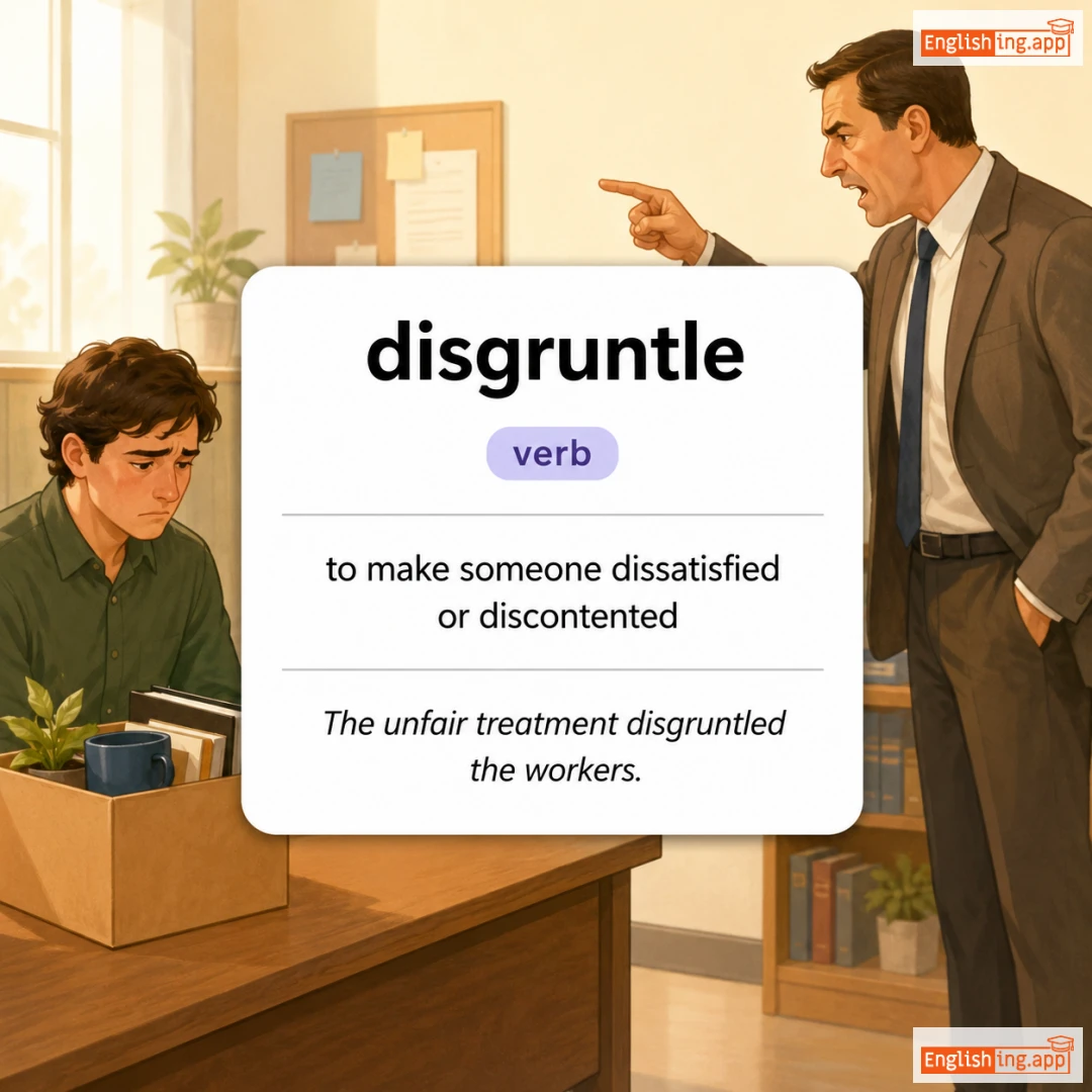 disgruntle definition card — visual illustration of the meaning