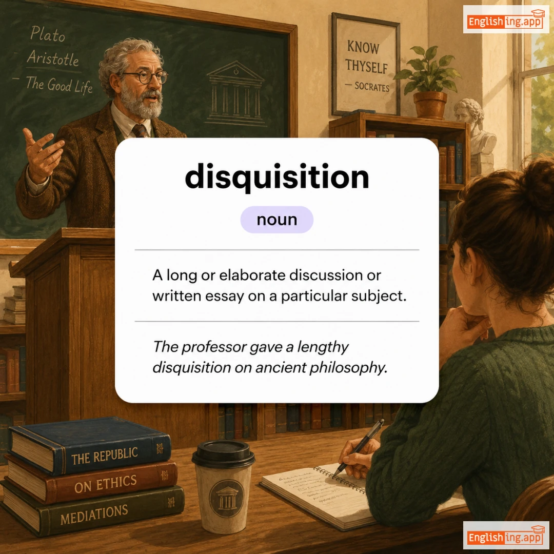disquisition definition card — visual illustration of the meaning