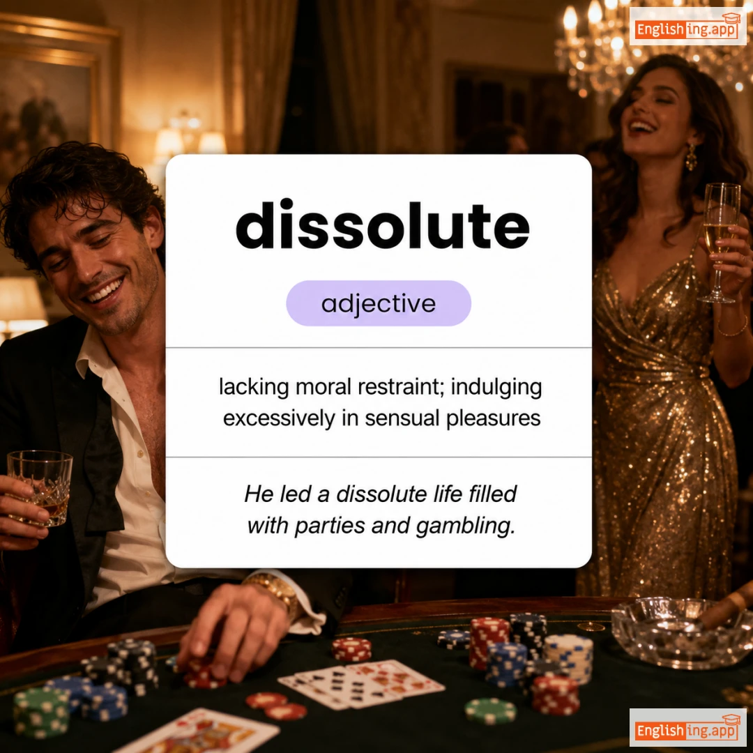 dissolute definition card — visual illustration of the meaning