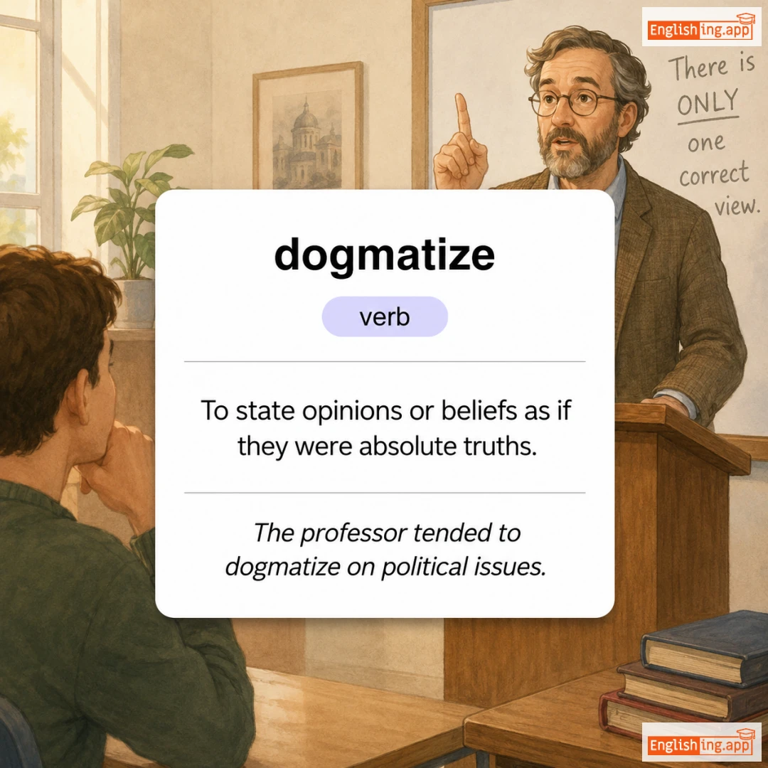 dogmatize definition card — visual illustration of the meaning