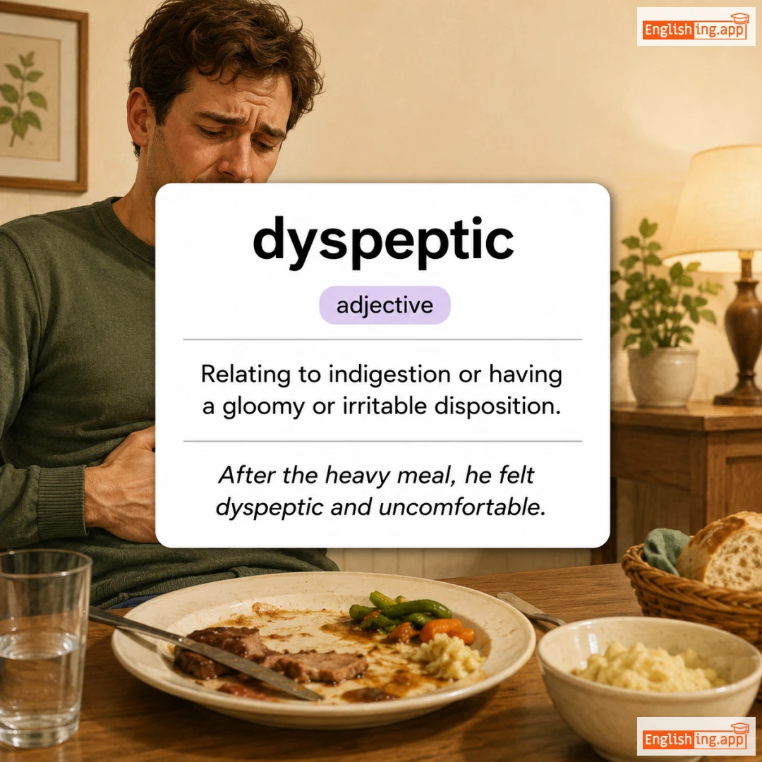 dyspeptic definition card — visual illustration of the meaning