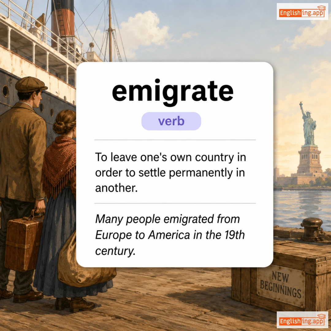 emigrate definition card — visual illustration of the meaning