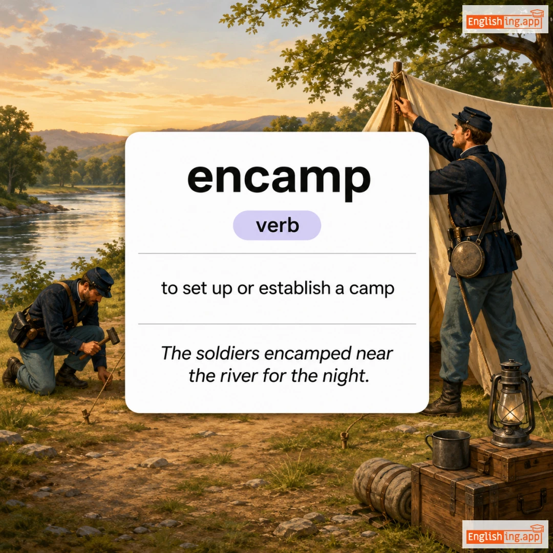 encamp definition card — visual illustration of the meaning